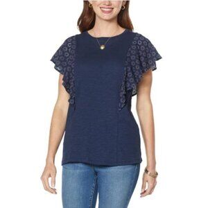 Women's DG2 Diane Gilman Navy-blue Eyelet Lace Flutter Sleeve Top Shirt Medium